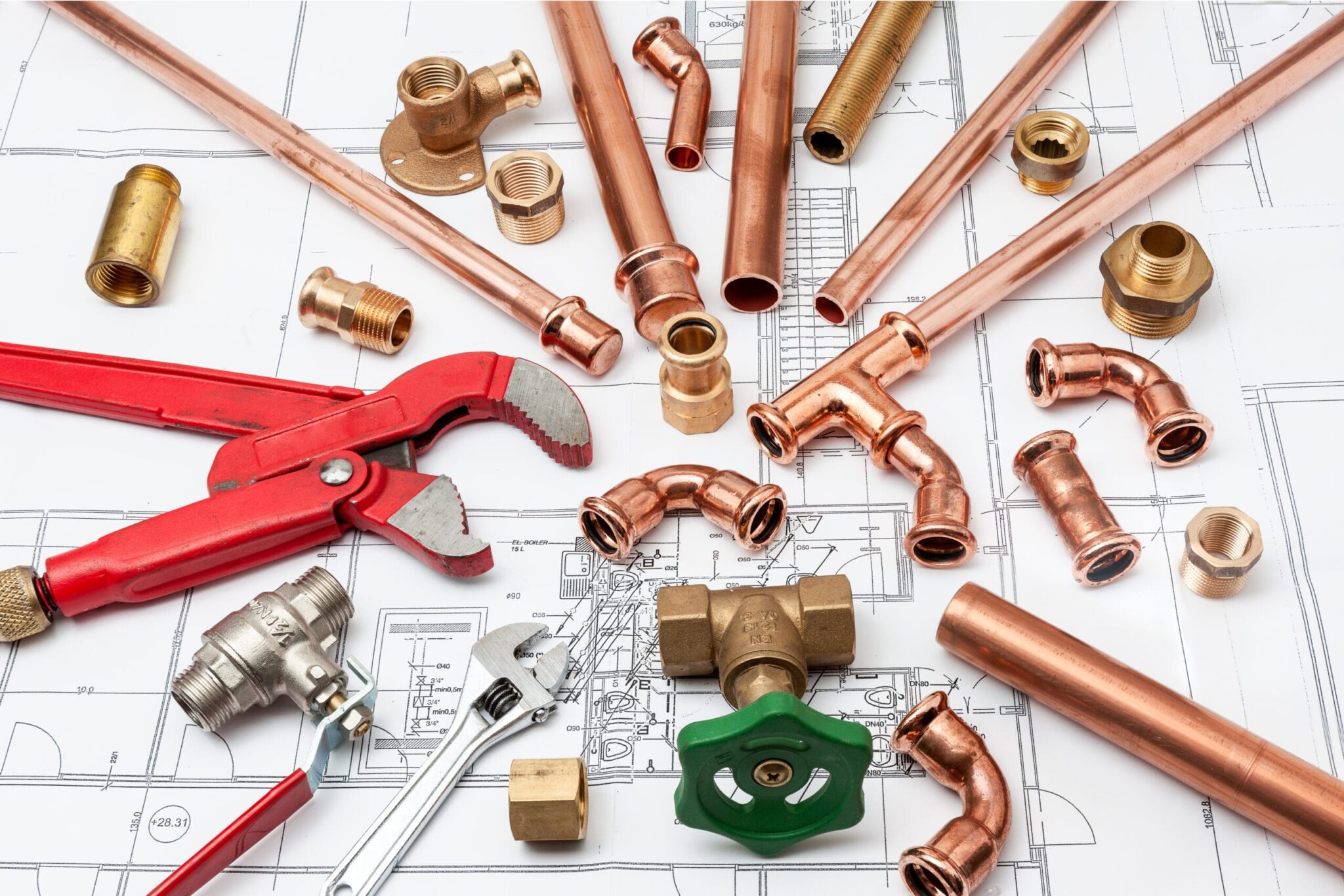Copper pipes, fittings, valves, and plumbing tools in Wellington