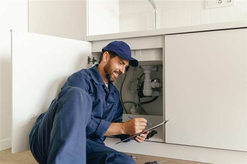 Residential plumber reviewing plumbing repairs in a Wellington kitchen
