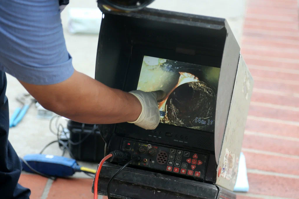 Technician viewing a drain inspection camera in Wellington