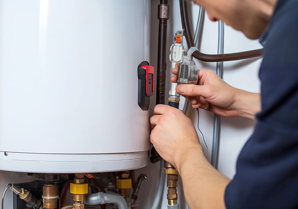 Technician repairing pipes connected to a water heater in Wellington